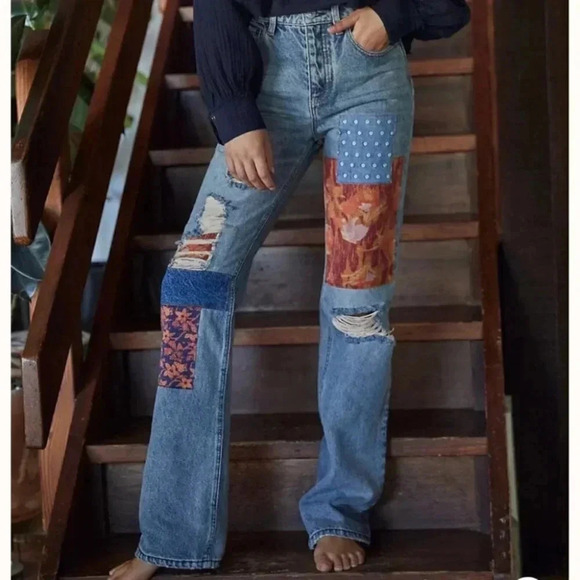 NWT Free People Belladonna Straight Leg Jeans High Rise Denim Patchwork 28 - Picture 5 of 16